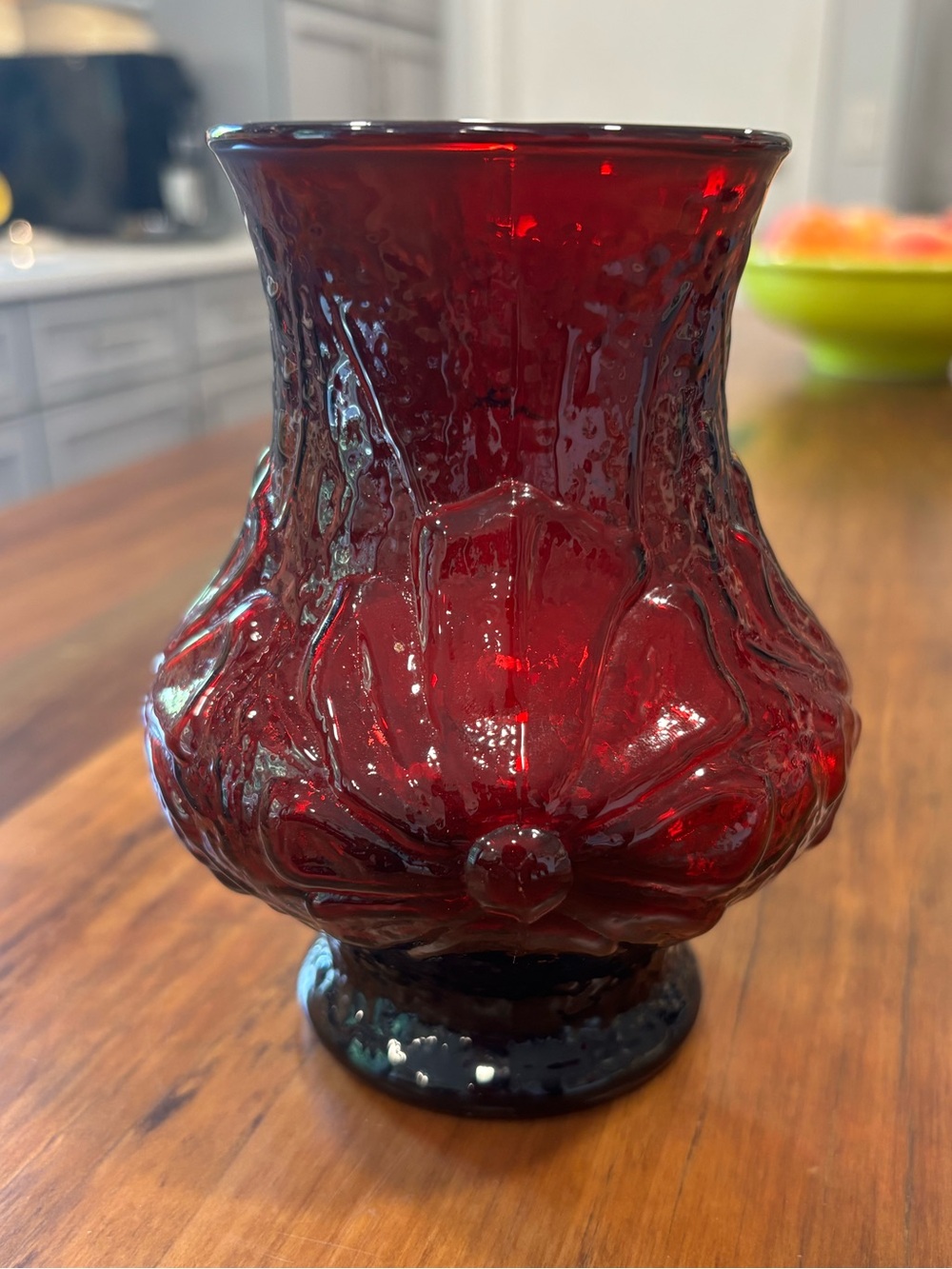 Vintage Anchor Hocking Royal Ruby Red Embossed Floral Glass Vase